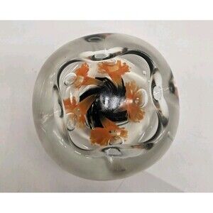 Vintage Jack Connor Paperweight 80s Glass Controlled Bubbles Orange Black Floral